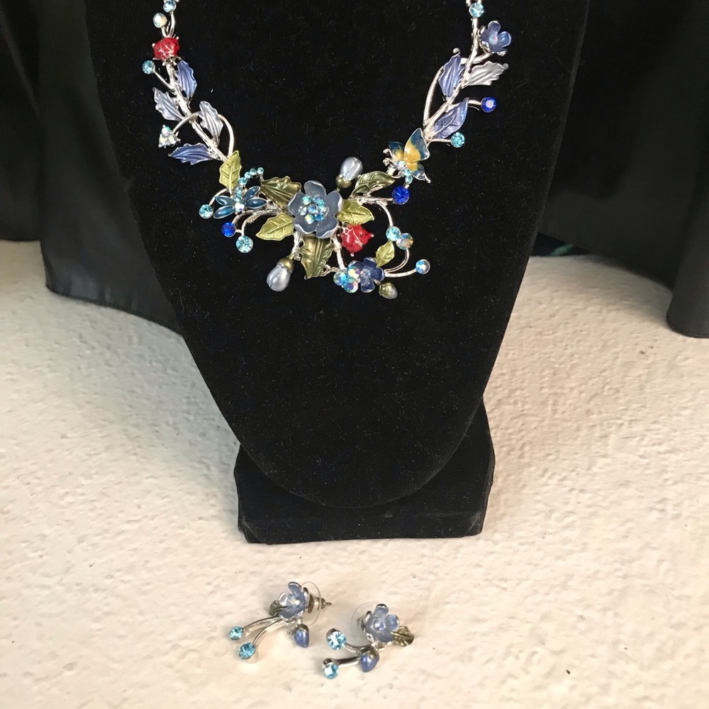 Crystal and Enamel Blue Floral Fashion Jewelry Necklace and Earring Set